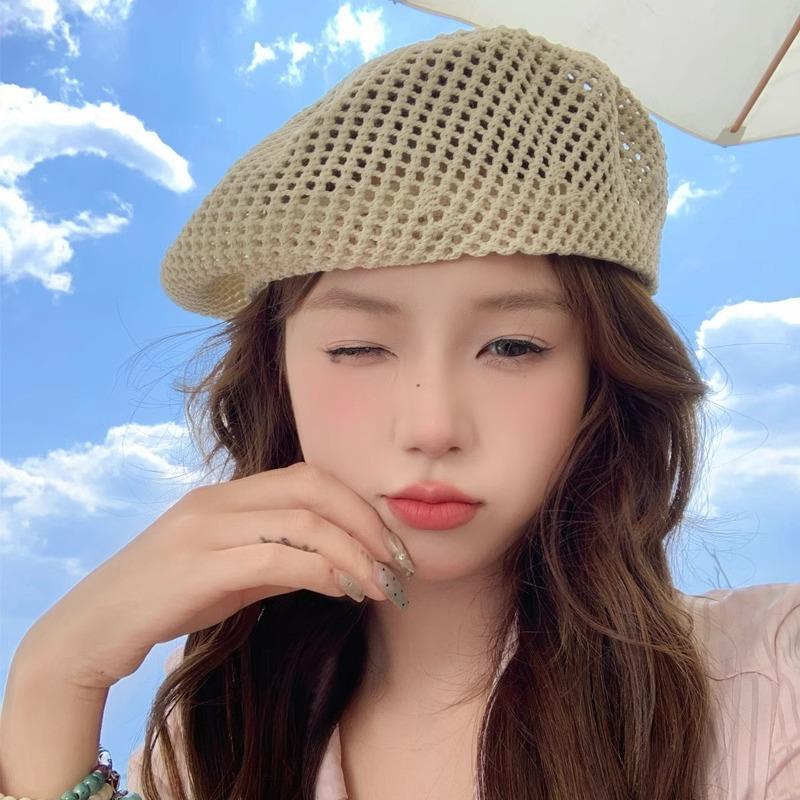 Korean Straw Woven Berets for Women Summer Thin Hollow Mesh Painter Cap Solid Color Breathable Female Lady Pumpkin Hats