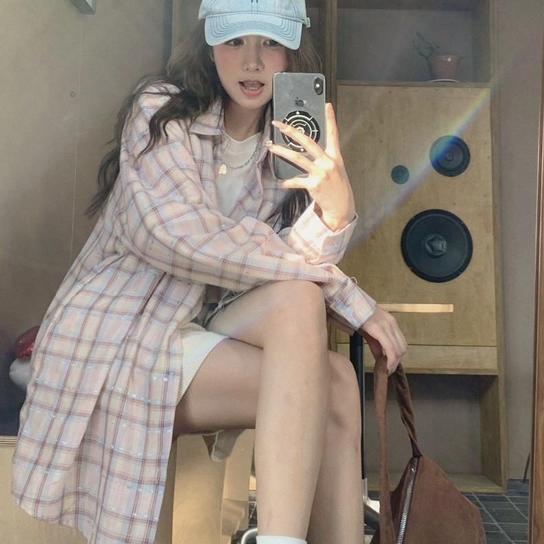 Korean pink plaid shirt for women, spring/autumn new style, loose, lazy, casual long-sleeve shirt, chic top