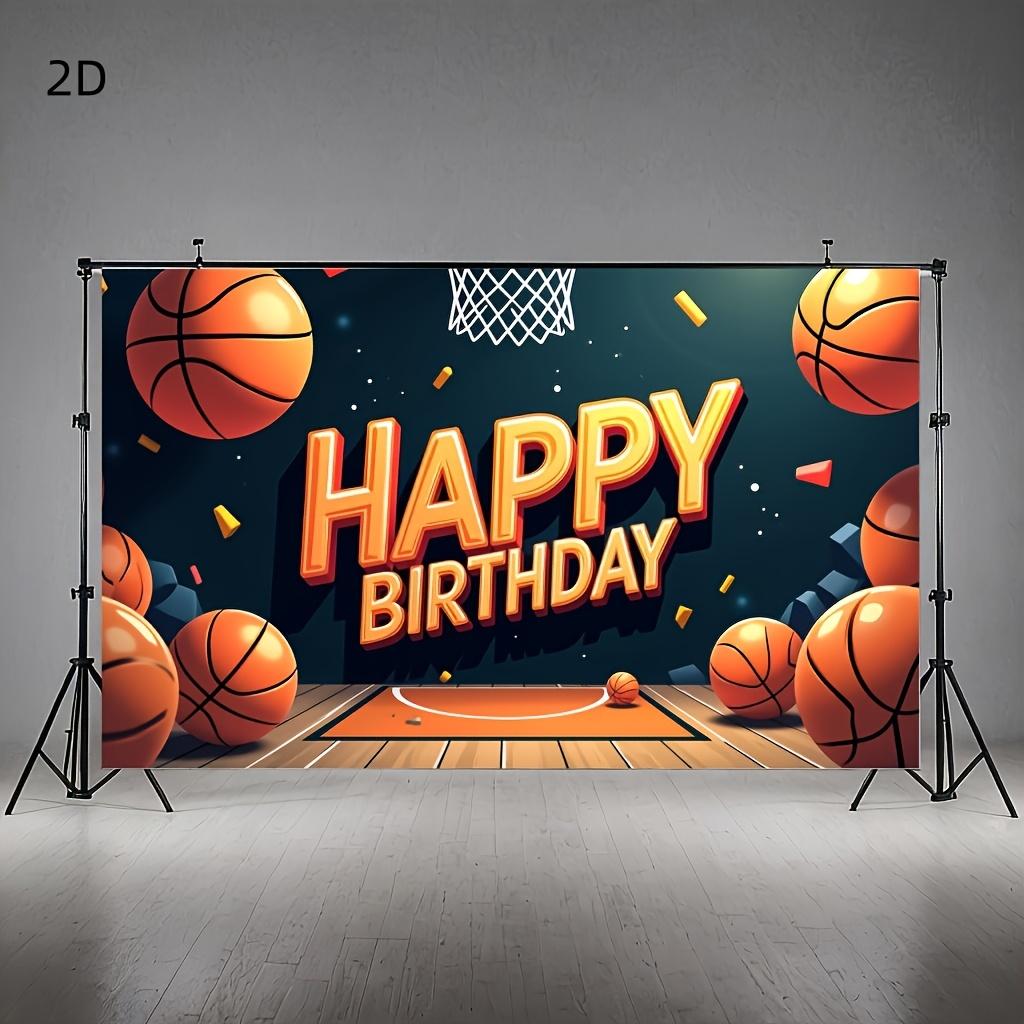 2D basketball-themed birthday banner - Polyester decoration, vivid basketball court design, indoor and outdoor celebration