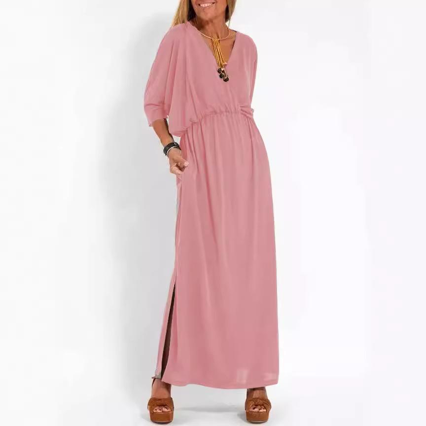 European And American Style Summer New Products, Fashionable Solid Color High-Waisted Split V-Neck Dress