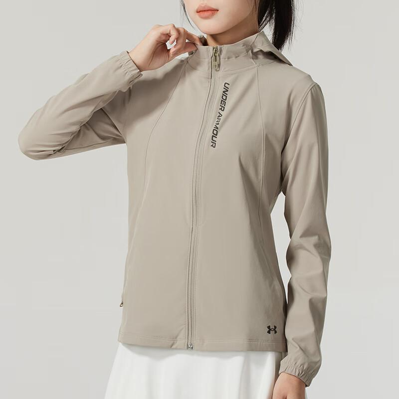 Under Armour Letter Print Casual Hooded Long Sleeve Jacket Women jackets Sand 1377043-203
