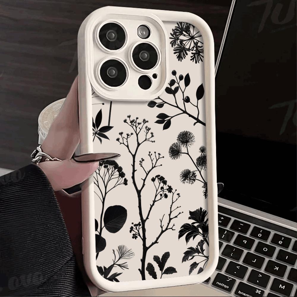 Black Plant Silhouette Pattern Phone Case for IPhone 14 15 16 Plus 13 12 11 16 Pro Max 12 Mini XS Max Anti-Scratch Soft Cover