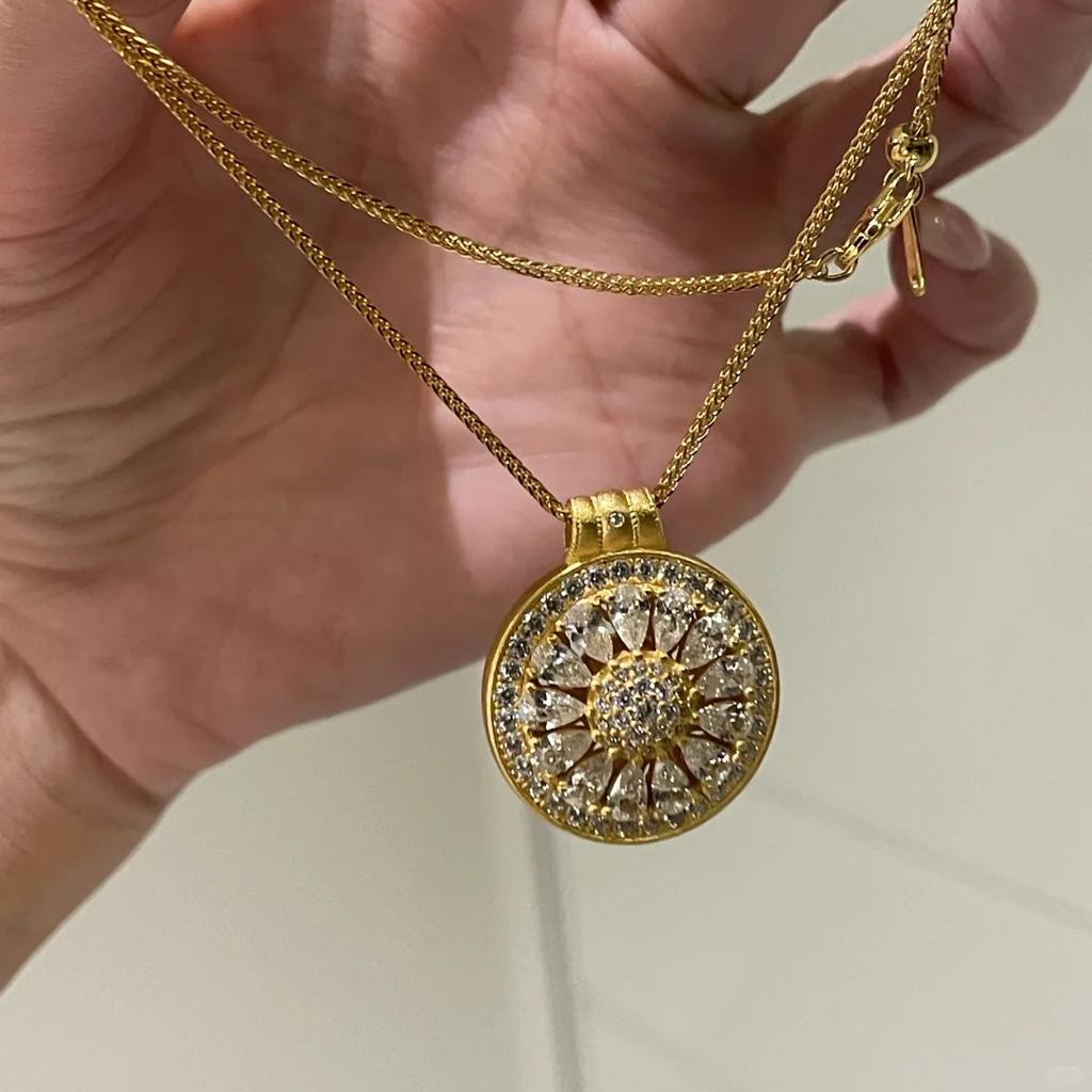 Women Light‑Luxury Necklace, New Chinese Style Full Diamond Double‑Sided Hollow Brushed Forged Compass Lemon Slice Pendant