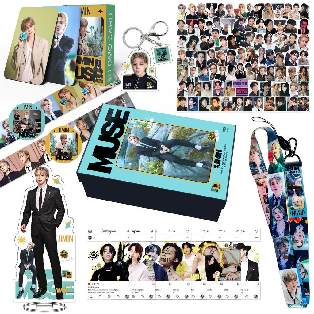 BTS Jimin Muse Album Merch Geschenkbox, Jimin Acryl Aufsteller, Lomo Karten, Schlüsselanhänger, Aufkleber, Lanyard, Anstecker, BTS Jimin Solo Album Fan-Sammlung Set
