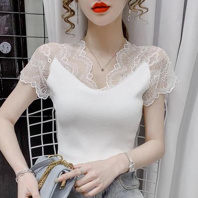 Women's Summer Lace V-neck Short-sleeved T-shirt Solid Color Slim Knit Bottoming Shirt