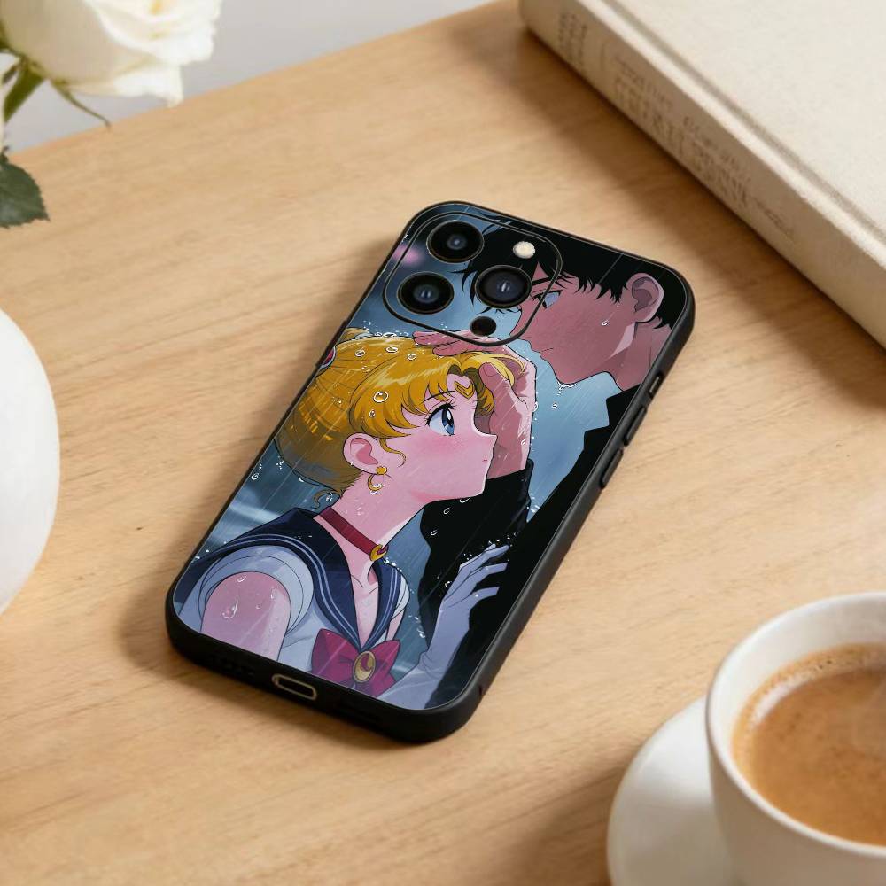 Cartoon S-Sailor M-Moons Phone Case For iPhone17,16,15,14,13,12 Plus,Max Soft Silicone Black Cover