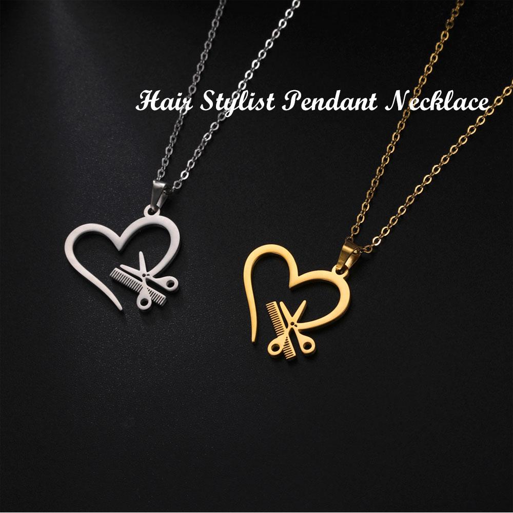 Cazador Hair Stylist Pendant Scissors Comb Chain Necklaces Stainless Steel Necklace Punk Trendy Jewelry for Women Birthday Gift