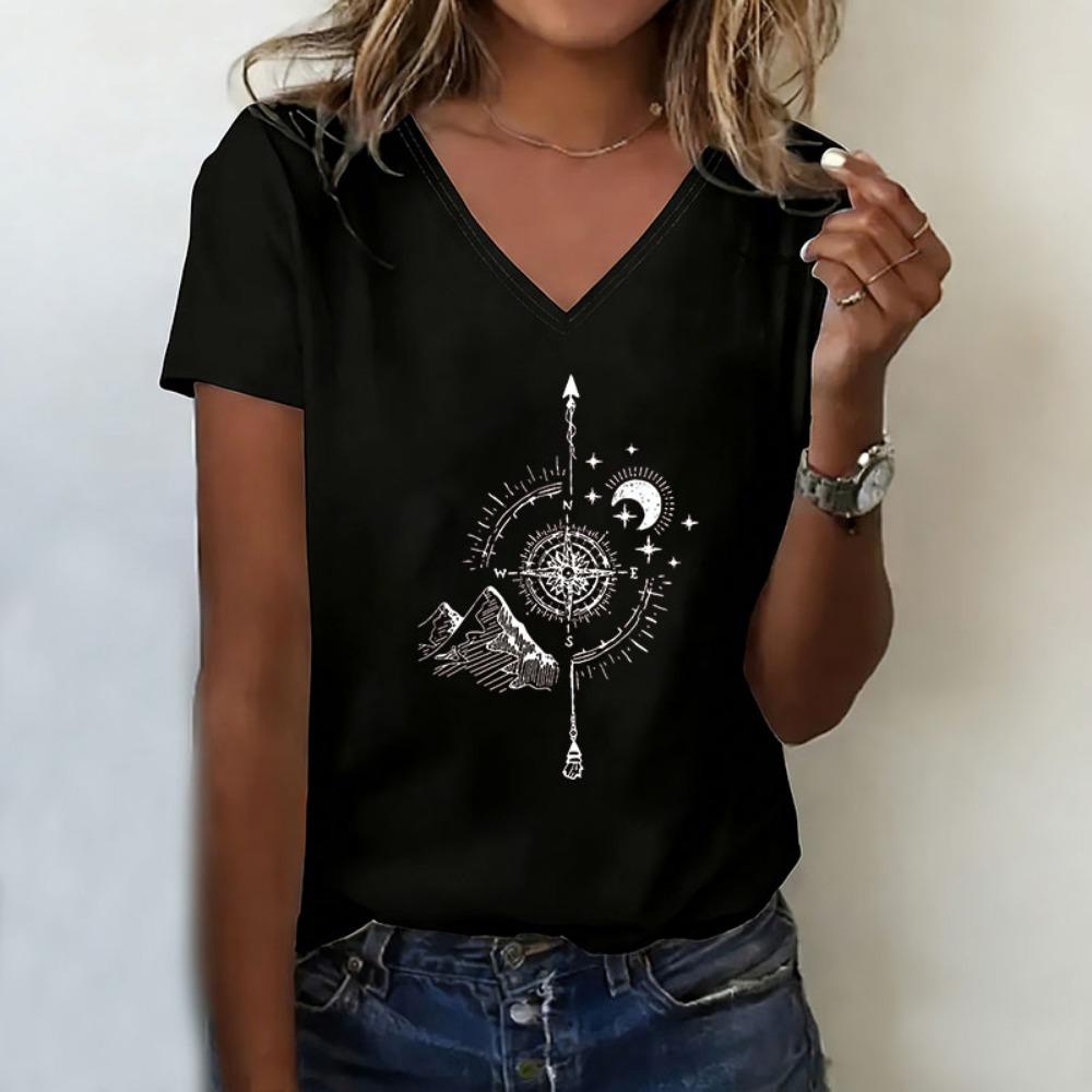 Vintage Moon T-shirt V Neck Casual Fashion Y2k T Shirts Women Short Sleeve Tee Shirt V-Neck Summer Spring S