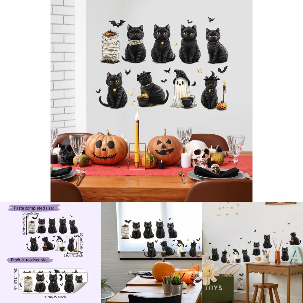 Modern Minimalist Pvc Wall Decal With Halloween Black Cat And Bat Design For Home Decor