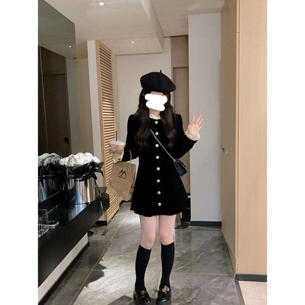 [Corduroy composite milk silk] French small fragrant Hepburn style velvet dress for children, short waist in autumn and winter