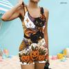 Women Plus Size Square Neck Wide Straps One Piece Swimsuit Halloween Black Cat Pumpkin Printed Boyshort
