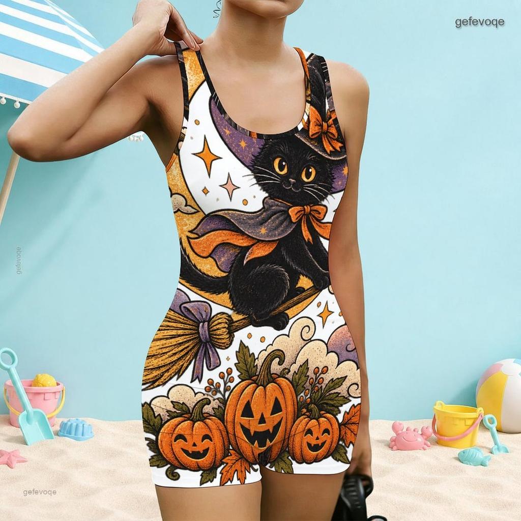 Women Plus Size Square Neck Wide Straps One Piece Swimsuit Halloween Black Cat Pumpkin Printed Boyshort