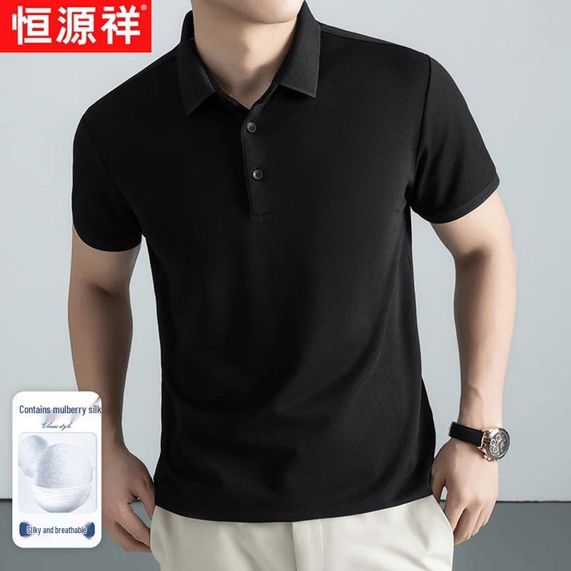 Hengyuanxiang Men s Summer Mulberry Silk Blend Cool-Feel Polo Shirt 54