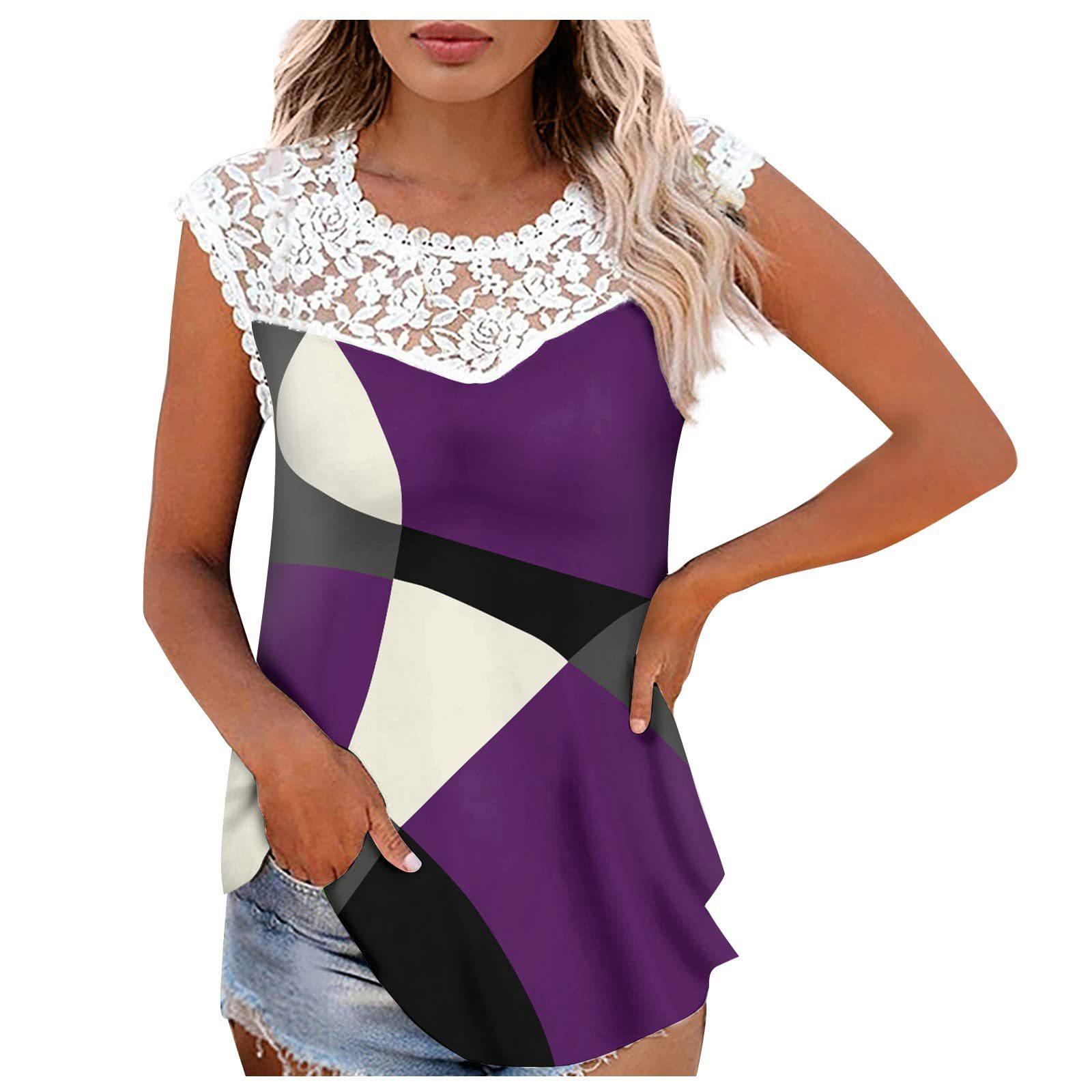 

Летняя женская футболка с круглым вырезом и кружевной строчкой, жилет с принтом и геометрическим узором, топы XL фиолетовый