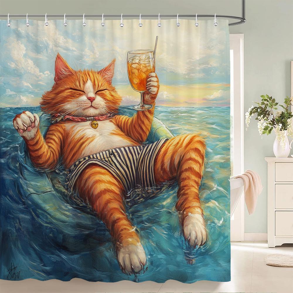 Funny and Creative Beach Cats and Dogs Fabric Shower Curtain Waterproof Polyester Bath Curtains for Bathroom Decorate with Hooks