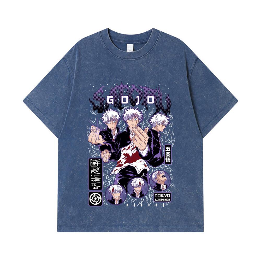 275 GSM Washed T-shirts 100% Cotton Jujutsu Kaisen V24 Gojo Print Unisex Heavy Cotton T Shirt