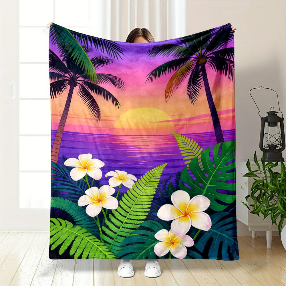 Tropical Sunset with Palm Trees & Flowers Flannel Blanket for Bedroom, Living Room, Sofa, and Nap Sofas