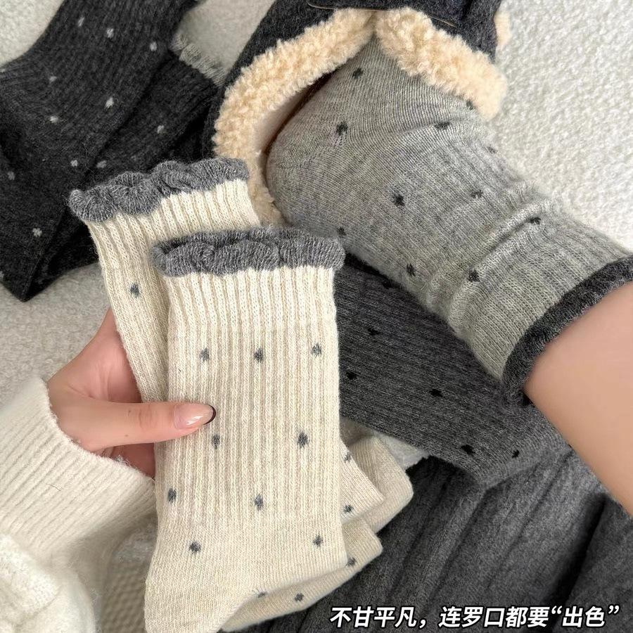 Polka Dot Wool Socks Season Gray Socks Thickened Warm Cashmere Cotton Socks Vintage Lace Stockings