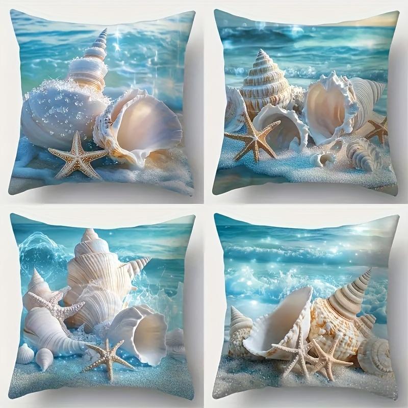 4er-Set, Neue Sommer-Dekorative Quadratische Kissenbezüge mit Meeresmotiv, Bedruckt mit Muscheln, Schneckenhäusern, Seesternen und Anderen Meereslebewesen-Mustern, Weiches Polyester F