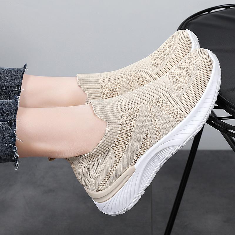 Breathable Mesh Women's Running Shoes Knitted Casual Sneakers Soft Walking Shoes Slip-on Flats Socks Shoes