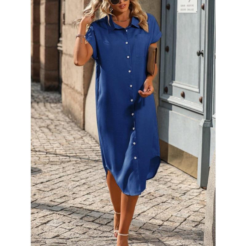 Plus Size Summer Women's Dress Fashion Solid Colour Short Sleeve Dresses Medium Length Shirt Dresses