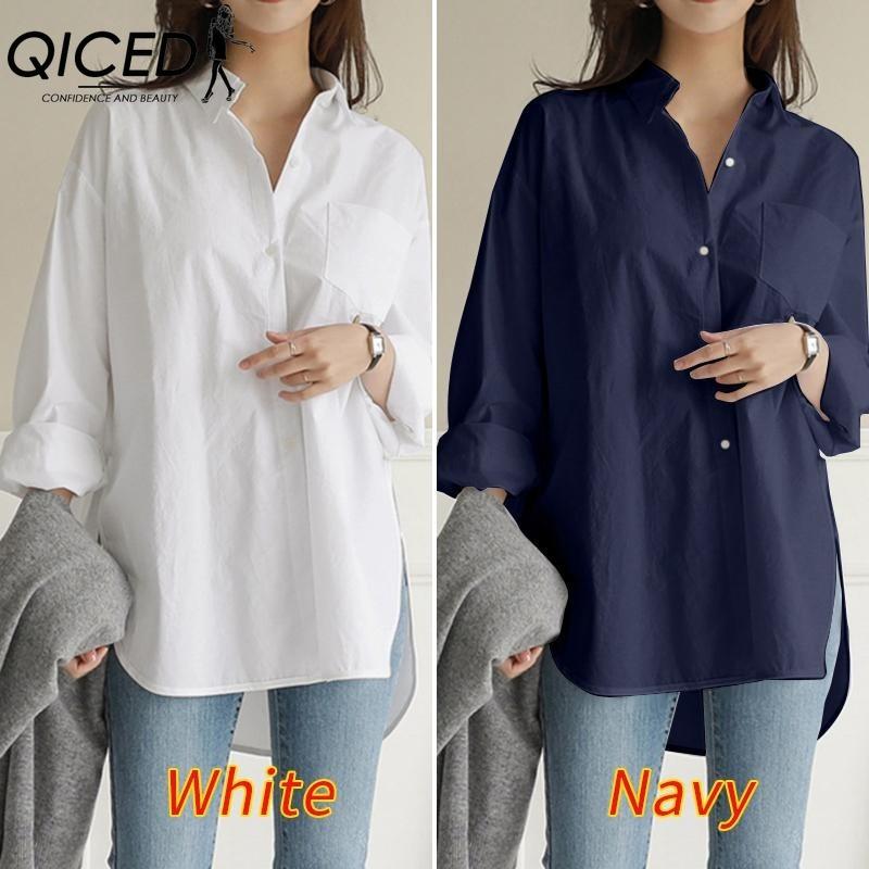 QICED Women's Fashion Casual Solid Color Print Long Sleeve POLO Neck Blouses & Shirts