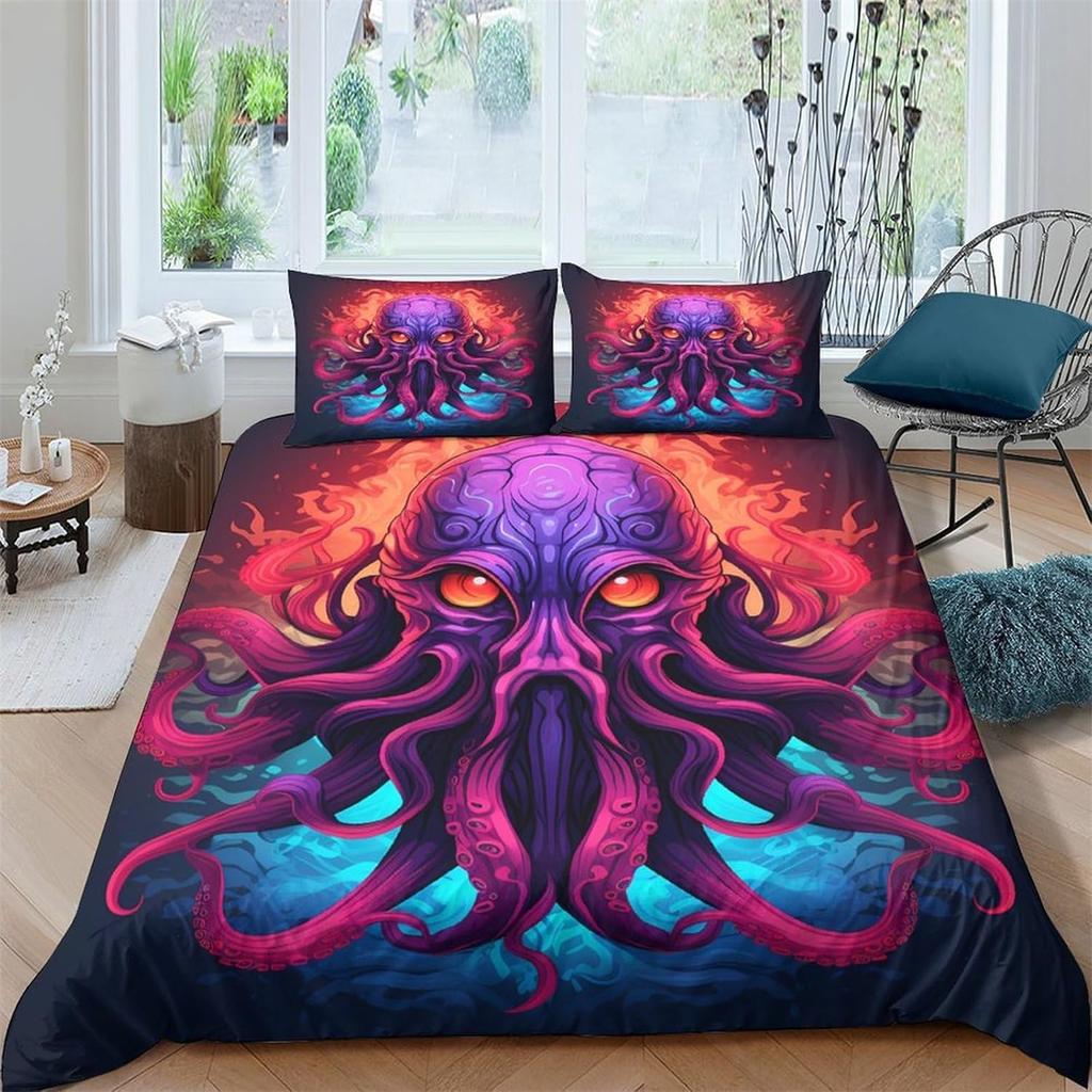 Octopus Quilt Cover, Cute Ocean Life Bedding Set,Sea Animals Sealife Marine Bed Cover, Cartoon Theme Bedding Set For Kids Boys