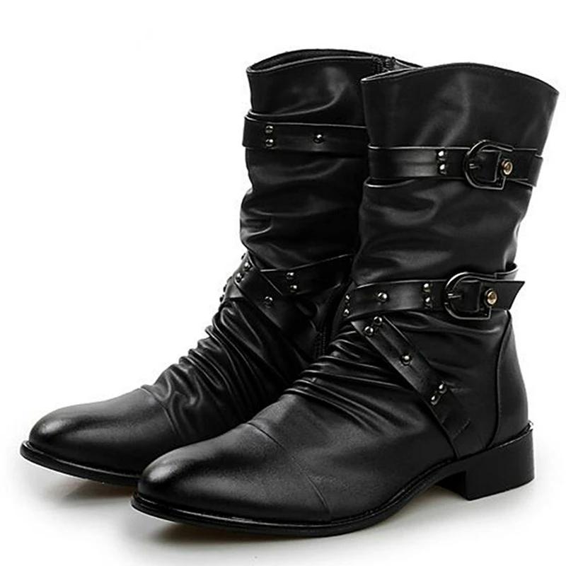 Modische Lederstiefel für Herren, hochwertige Bikerstiefel, schwarze Punkrock-Schuhe, hohe Stiefel für Herren und Damen, Größe 38–48