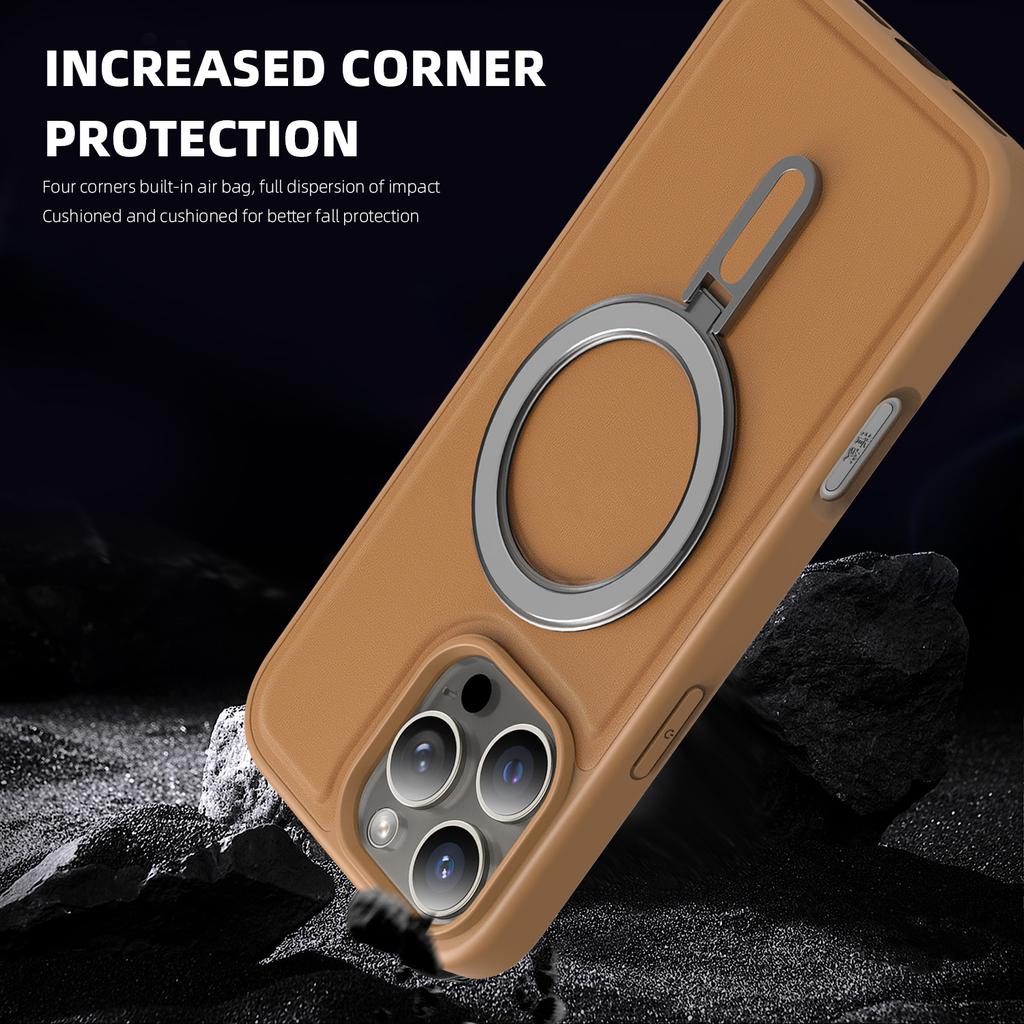 Magsafe Magnetic Metal Car Bracket Ring Luxury Matte Leather Phone Case For iPhone 16 Pro Max 14 11 12 13 15 Pro Max Back Cover