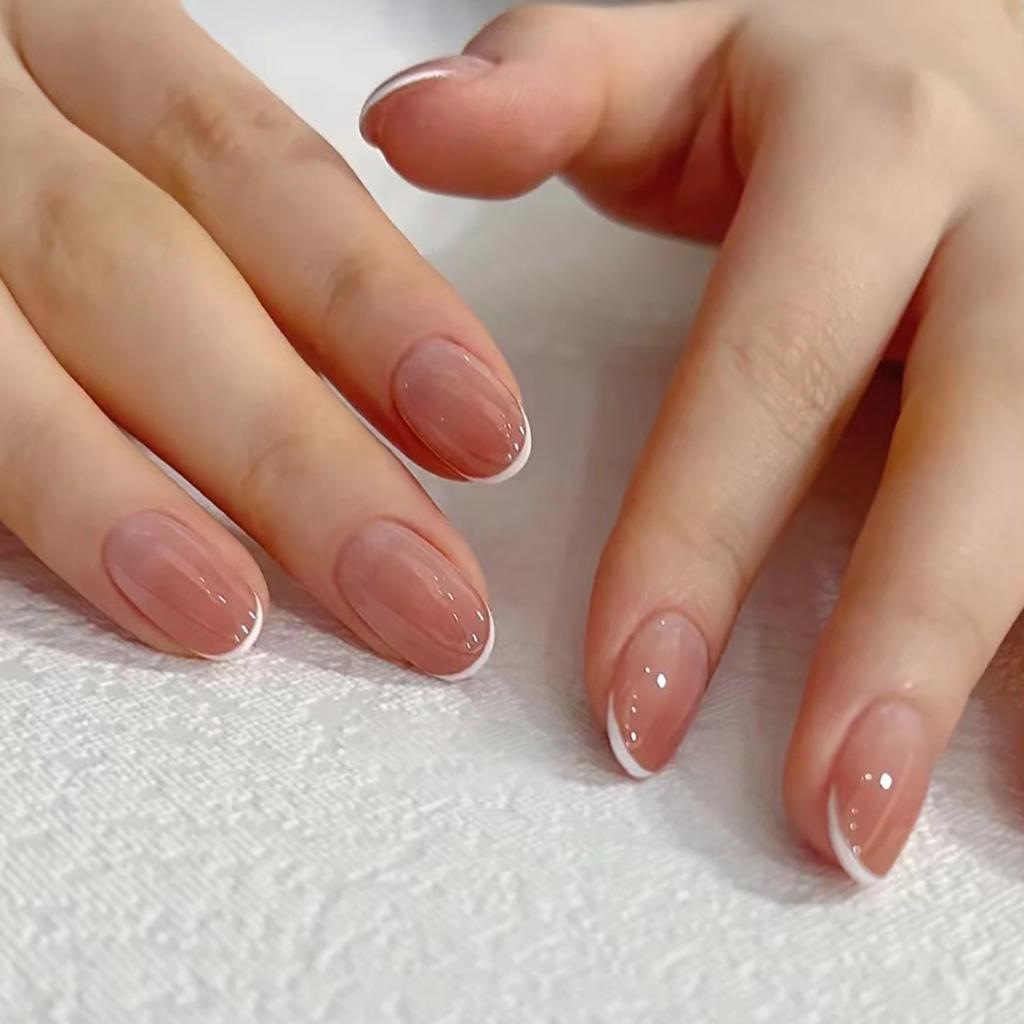 24 Stuks Nude Franse Press-On Nagels Verwijderbaar Volledige Dekking Acryl Kunstnagels Eenvoudige Kunstnagel Tips Set