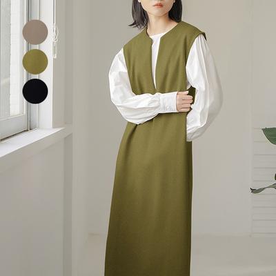 Abrigo de Lana de Otoño e Invierno para Mujer Cuello en V Color Sólido Vestido Chaleco sin Mangas Estilo Exterior