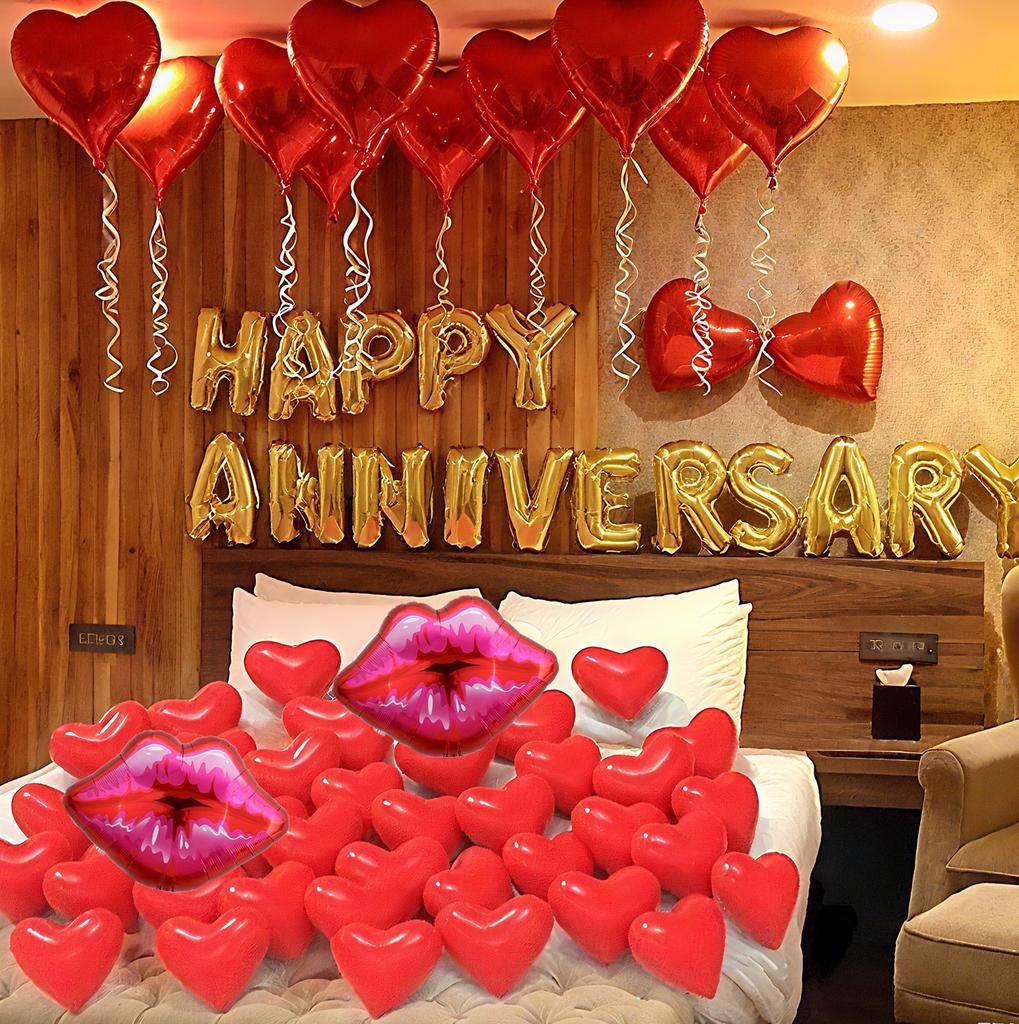Happy Anniversary Balloon Set  Red Lips and Heart Aluminum Film Balloon Simulation Rose Petals for Valentine's Day Wedding