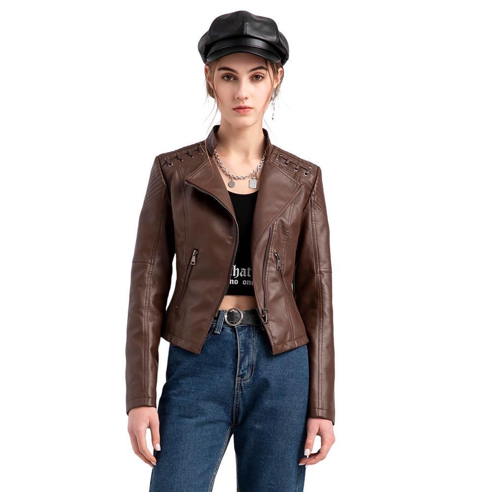 VAYLA Women Fashion Lace-up Leather Jacket Slim Fit Spring Autumn Motorcycle Jacket Zipper Jacket
