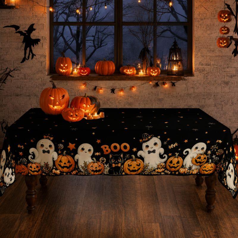 VIKAMA Halloween BOO Duch Dýně Stolní ubrus Roztomilý potisk s černou kočkou Sváteční dekorace stolu Dekorace halloweenské párty
