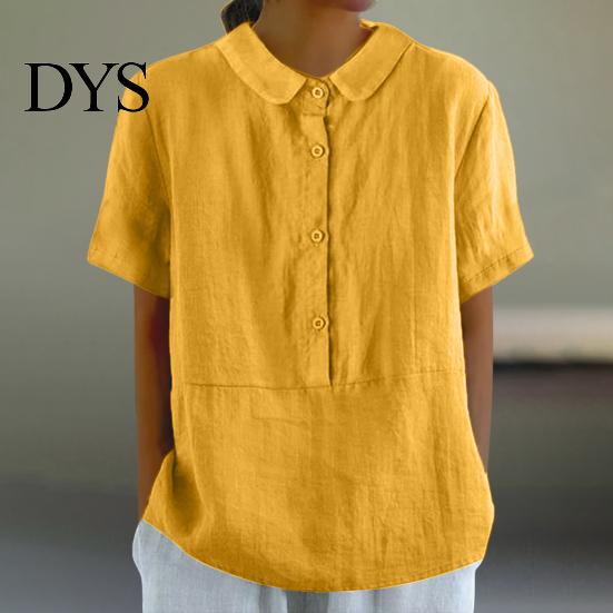Women Shirt Casual Doll Collar Buttons Half Placket Short Blouse Sleeve Single Breasted Solid Color Loose Fit