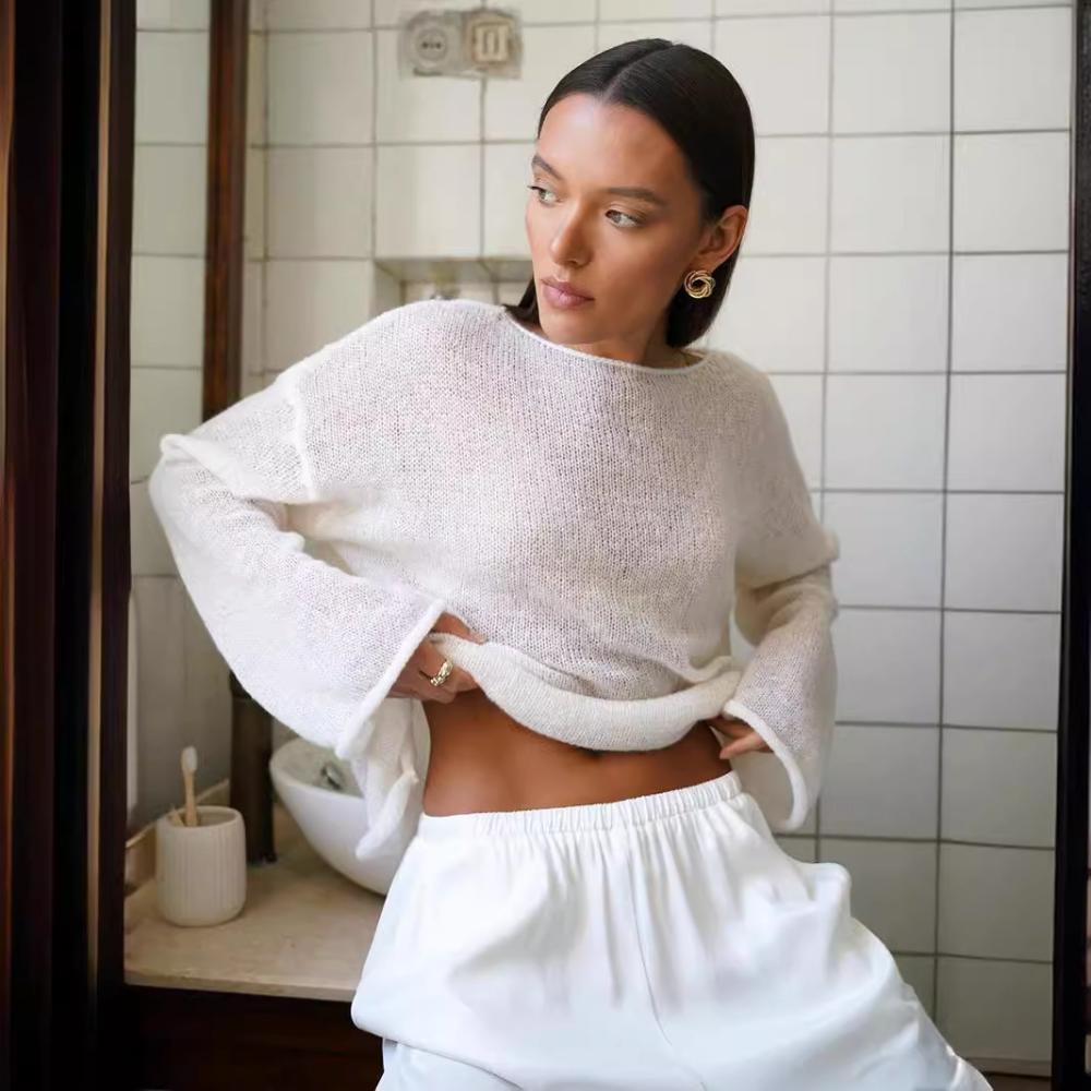 

Cross Border Hollow Out T-shirt European and American Spring and Summer New Women s Perspective Thin Large Round Neck Flare Sleeve Knitted T-shirt S білий