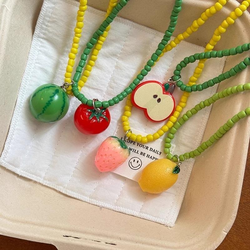 Trend Jewelry Dopamine Colored Apple Strawberry Lemon Fruits Pendant Bead Necklace for Women Y2K Cute Choker Party Necklace