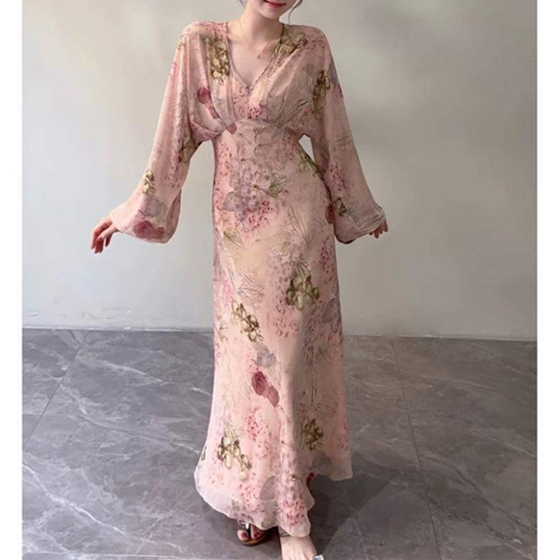2026 Summer Chic: New Chinese Style Pink Jacquard Waist-Cinching Long-Sleeve Dress for Women Small
