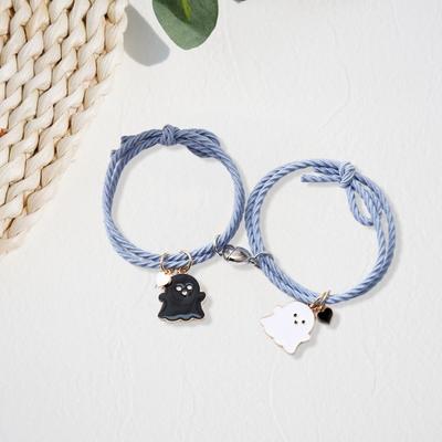 2Pcs Elastic Rope Love Heart Magnet Suction Bracelet Halloween Ghost Pendant Couple Bracelet Men Women Jewelry Gift