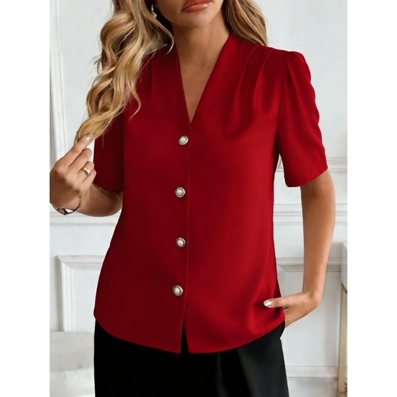 Women's New Summer V-neck Fashion Button Casual Business Short-sleeved Shirt