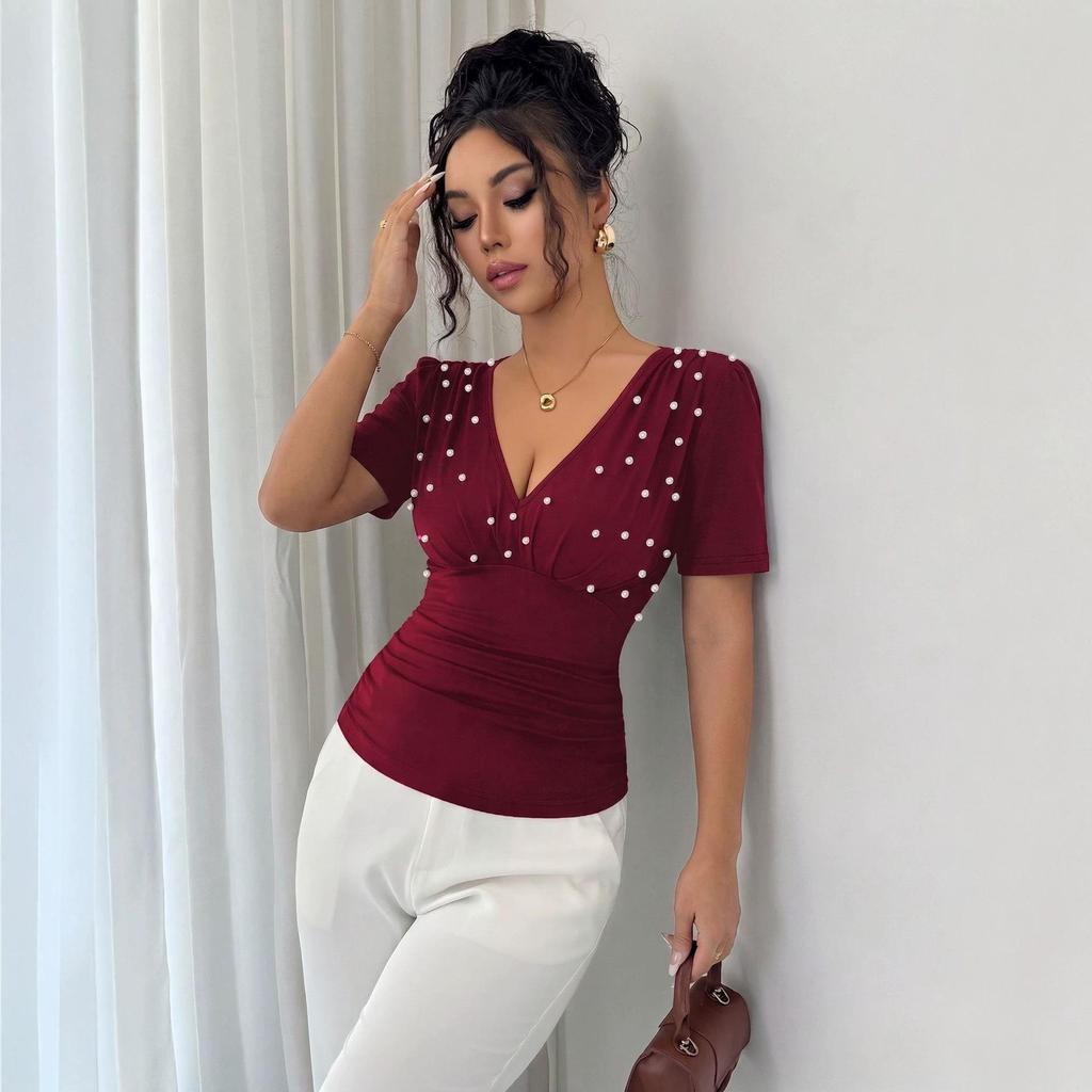 Women's Elegant Pearl Deep V Neck Tops Summer Ruched Short Sleeve Fitted Dressy Casual T Shirts