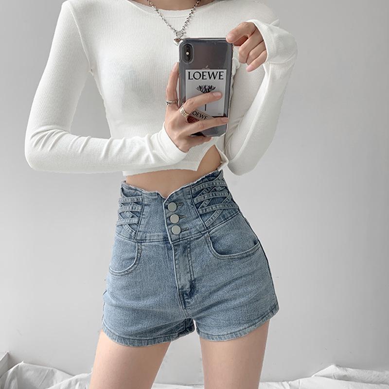 

Women s Light Blue High-Waist A-Line Denim Shorts: 2025 Korean Summer Style, Elastic Waist, Casual Black Wide-Leg Design M