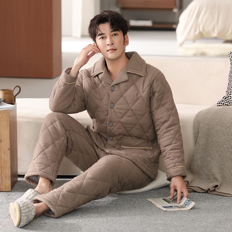 Men's three-layer padded pajamas winter thickened woven pure cotton warm padded jacket anti-static loungewear large size set