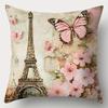Romantic Paris Eiffel Tower & Pink Car PillowcaseLiving Room Sofa Cushion Cover, Soft and Comfortable, Bedroom Room Decoration