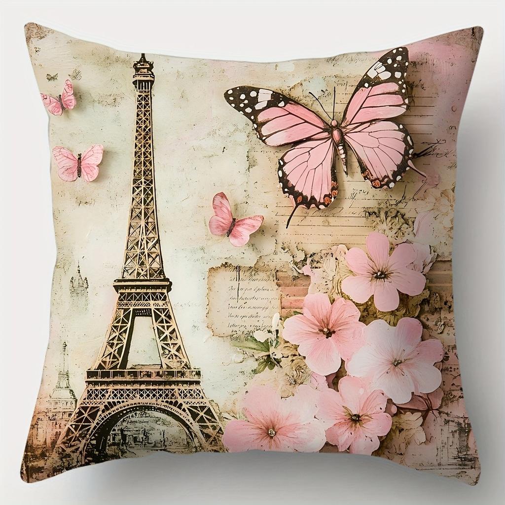 Romantic Paris Eiffel Tower & Pink Car PillowcaseLiving room sofa cushion cover, soft and comfortable, bedroom room decoration
