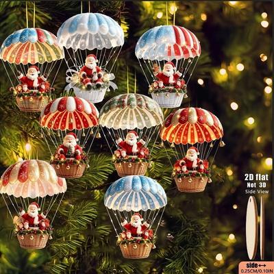 8Pcs Parachute Santa Claus 2D Flat Handmade Wooden Hanging Ornaments for Christmas Festival Party Decor Gifts