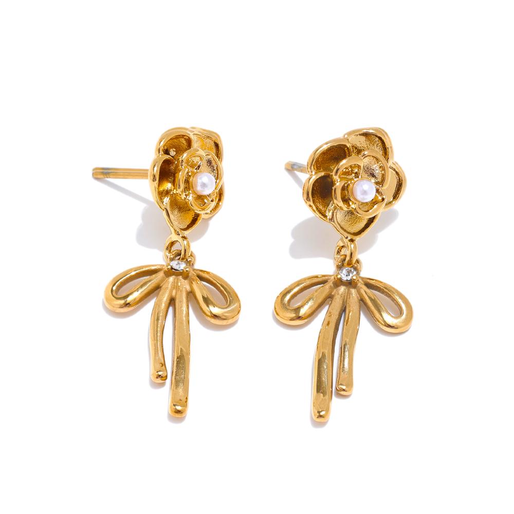 Yhpup Hot Style Stainless Steel Rose Flower Pearl Bow Knot Drop Earrings Waterproof Stylish Versatile Trendy Jewelry Gift