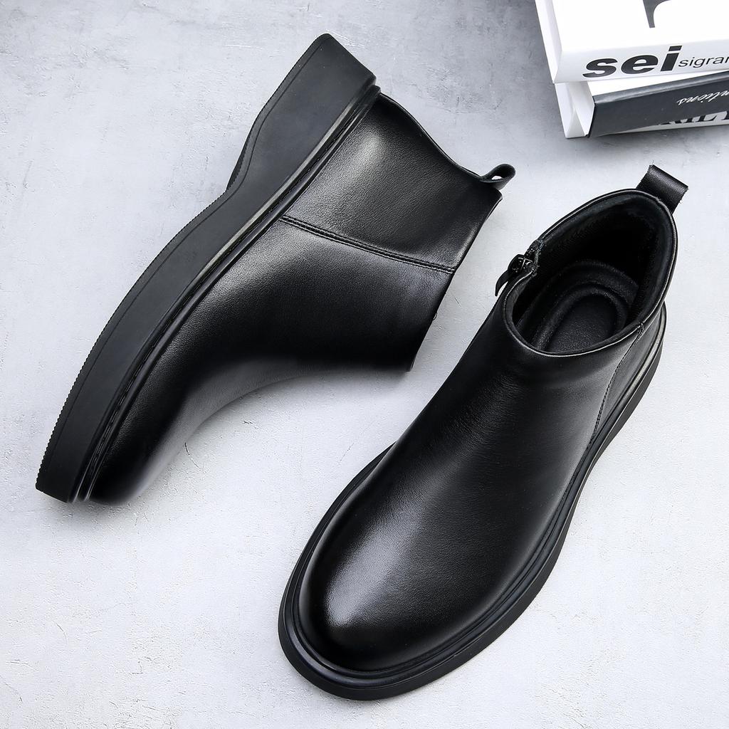 Autumn Winter New Leather Boots for Men Fashion Casual Anti-slip Cotton Shoes Male Black Designer Chelsea Ankle Boots Man