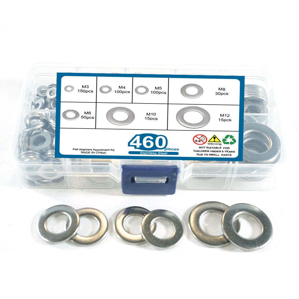 460-Piece Set of 304 Stainless Steel Flat Washers (M3-M12) for Construction Industry