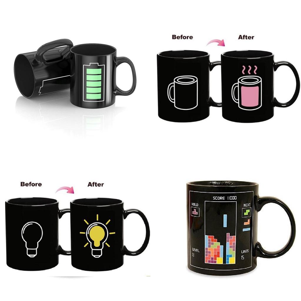 Farbwechselnde Keramiktasse mit Glühbirnen-, Tetris- und Batteriemuster zum Verschenken und für Werbezwecke